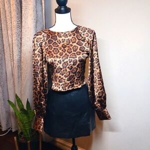 H&M Dark Leopard Print Long Sleeve Tie-Back Crop Top Women’s XS